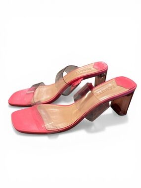 SCHUTZ Ariella Acrylic Mid Heel Mule Sandal Clear Vinyl Strap Pink